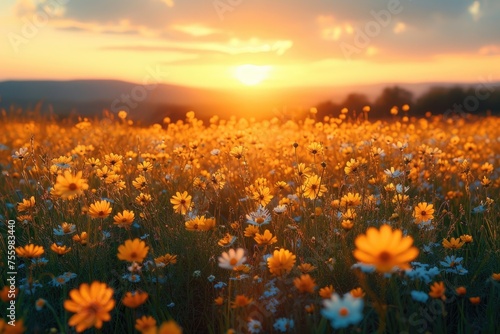 A field filled with vibrant yellow and white flowers blooming under the sunshine, creating a colorful and lively landscape.