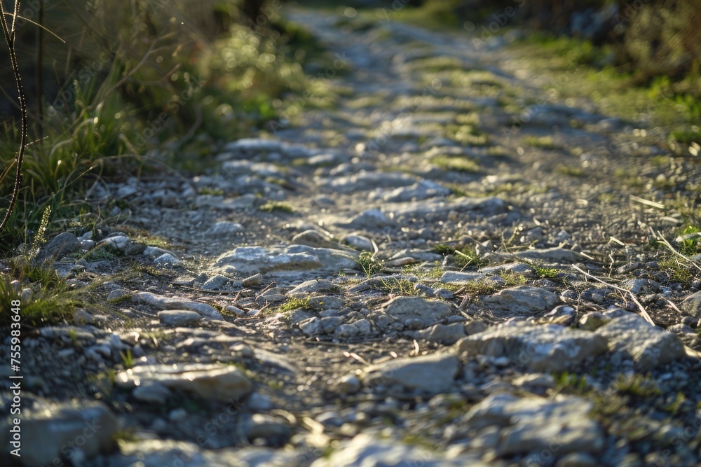 A scenic view of a dirt road with rocks and grass on both sides. Perfect for rural and countryside themes. A scenic view of a dirt road with rocks and grass on both sides. Perfect for rural and countryside themes.