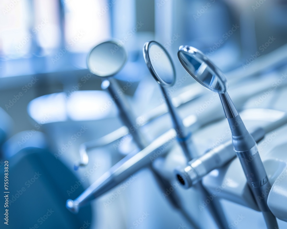 A line of dental tools neatly arranged side by side. A line of dental tools neatly arranged side by side.