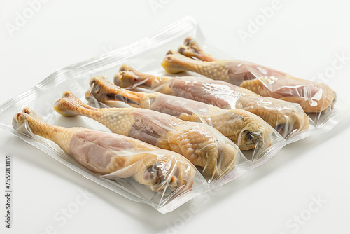 Chicken legs in vacuum packaging on a white table.