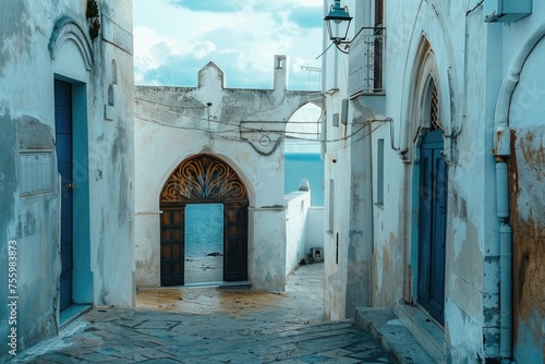the entrance of a white town in italy