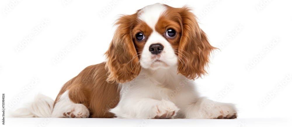 A young Cavalier King Charles Spaniel puppy with brown and white fur is peacefully resting on a white surface, showcasing its adorable snout and playful demeanor