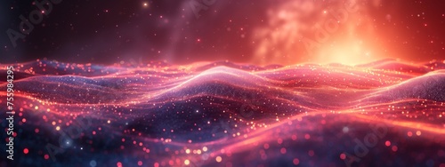 Vibrant Digital Landscape of Glowing Particles and Waves With Cosmic Background