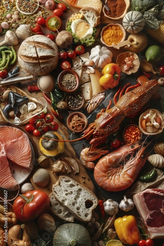 A variety of meat, vegetables, and fish displayed on a table. Great for food blogs and restaurant menus.