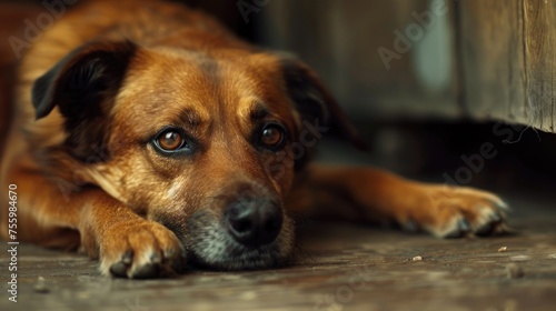 Close-up of a dog resting on the ground. Suitable for pet-related designs. © Fotograf