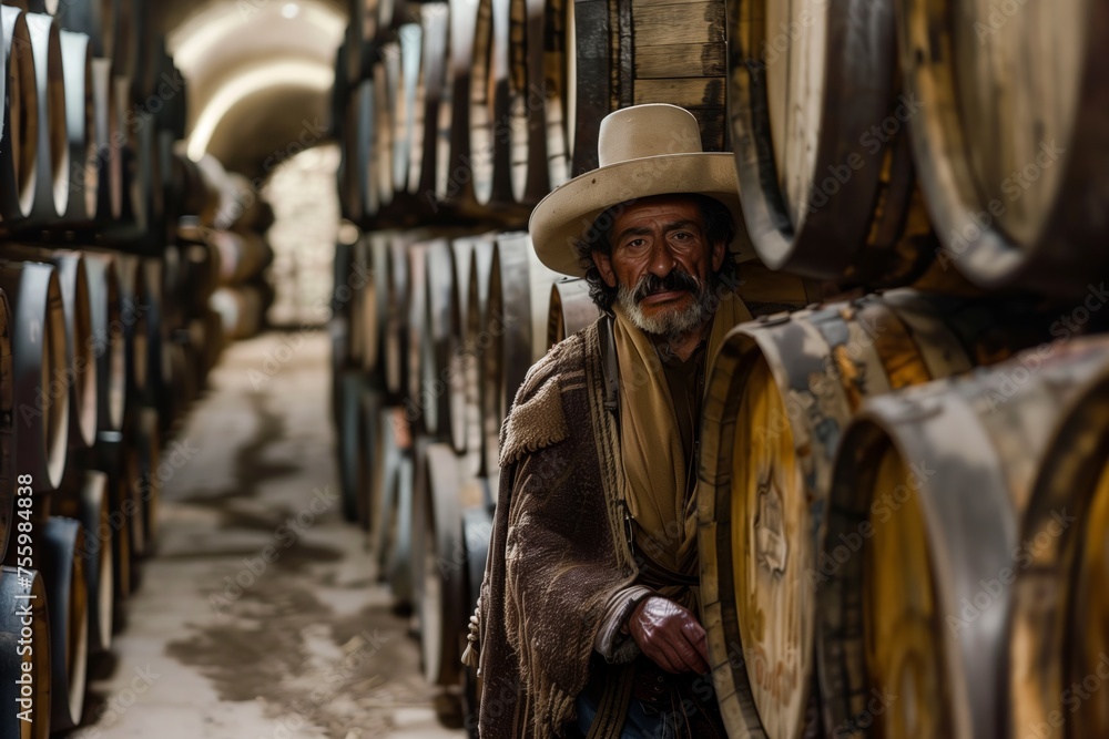 Production of tequila in Mexico. Old factory for the production of tequila. Side view of the barrels of alcohol in the yard of the factory. Concept of tourism and traditions.