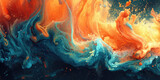 An abstract painting featuring vibrant orange and blue hues blending and contrasting in dynamic patterns.