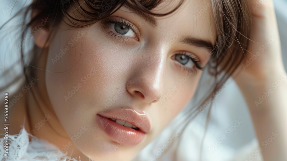 A close-up of a woman wearing a white dress, suitable for fashion or beauty concepts. A close-up of a woman wearing a white dress, suitable for fashion or beauty concepts.