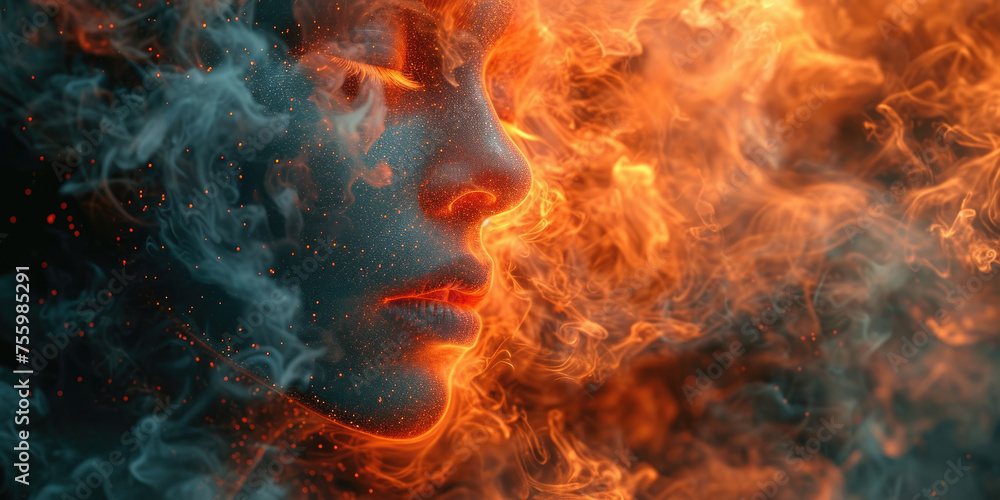 A womans face is surrounded by flames and billowing smoke, creating a dramatic and intense scene. A womans face is surrounded by flames and billowing smoke, creating a dramatic and intense scene.
