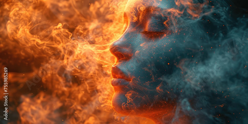 A womans face is engulfed by flames in a intense and dramatic scene. © Svyatoslav Lypynskyy