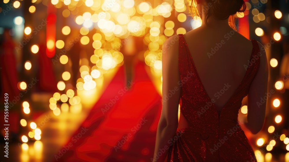 Elegant woman walking on red carpet, perfect for glamorous events. Elegant woman walking on red carpet, perfect for glamorous events.