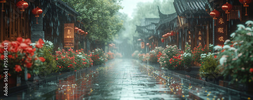 Holiday time in Chinatown. Old ancient asian street with many traditional stores in rainy day. Cherry blossom festival. Travel and holiday concept for card, background, banner, wallpaper photo