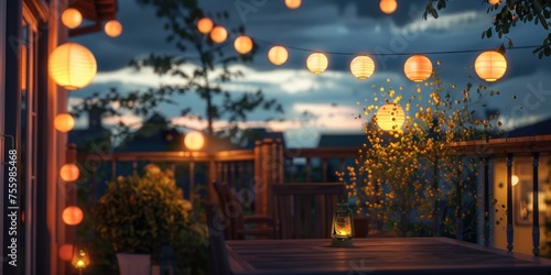 Outdoor furniture on a deck at night, perfect for home decor blogs.