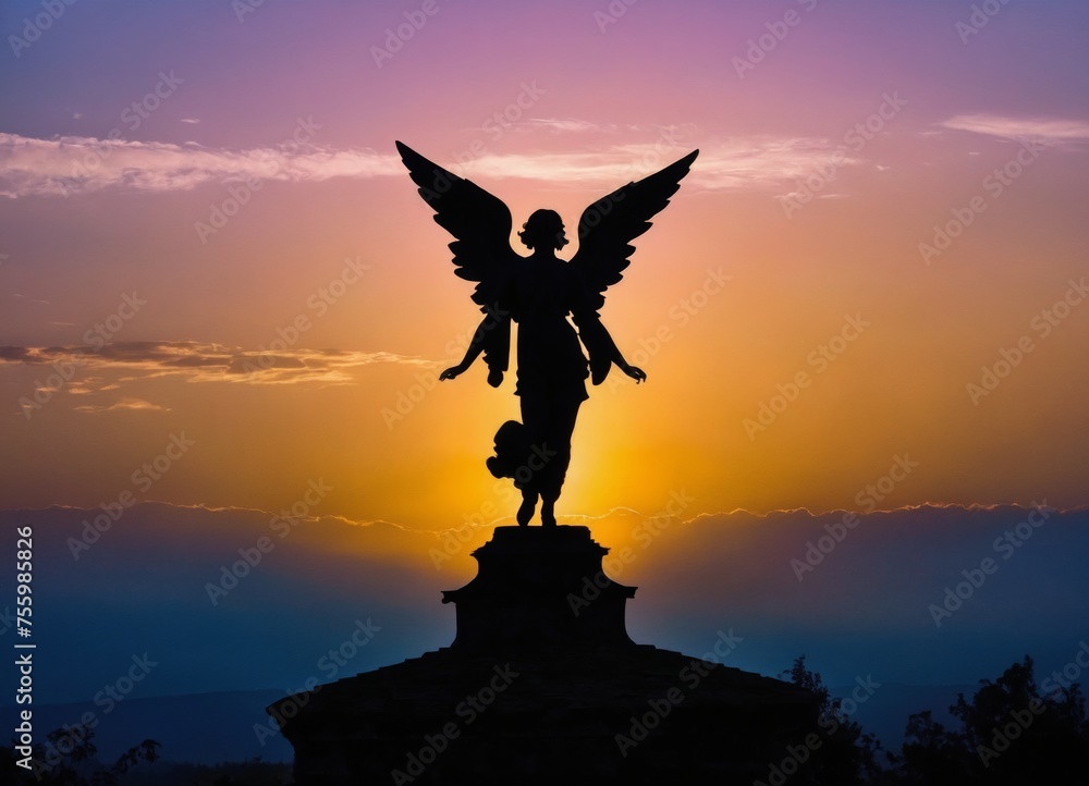 Silhouette of a beautiful angel in the sky at dawn