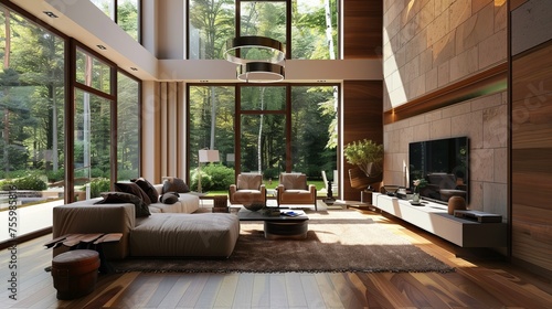 A living room with a large window and walls painted brown.