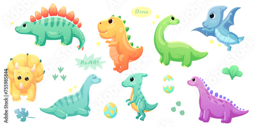 Illustrations of cute dinosaurs for children in different colors: Triceratops, Stegosaurus, Brontosaurus, Pterosaurus, Tyrannosaurus, Brachiosaurus.  © maslik_design