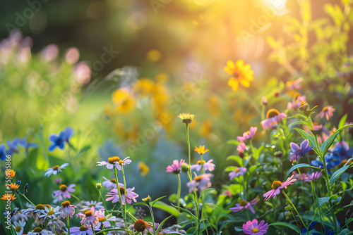 Colorful flowers in the garden at sunset. Nature background with copy space.