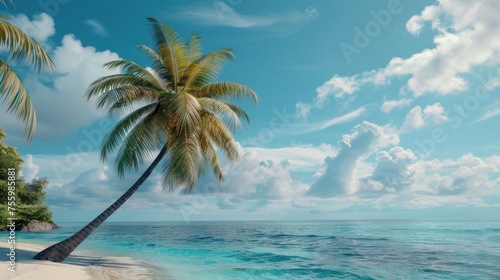 Serene view of a palm tree on a sandy beach  perfect for travel ads.