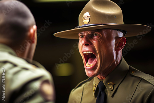 Drill  sergeant  screaming at a cadet on dark blurred background photo