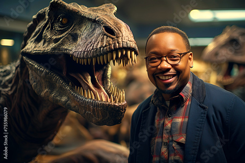African american paleontologist standing next to a dinosaur at the museum on blurred background photo