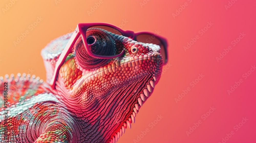 Close-up of a chameleon wearing sunglasses, perfect for summer designs.