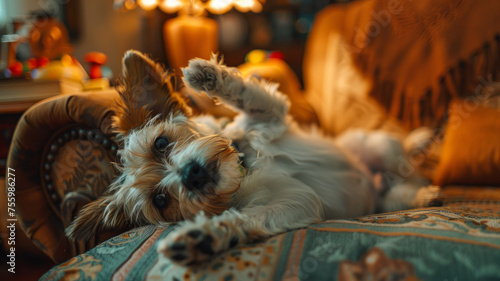 A cute dog lying on a couch