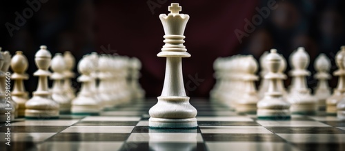 A detailed close up of a chess board featuring white chess pieces, a classic indoor tabletop game for recreation and strategic thinking. Perfect for still life photography