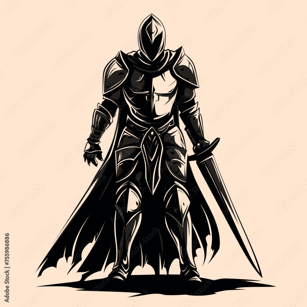 Obraz premium Black and White Knight man Character Outline Silhouette Ornament Vector Art for Logo and Icon, Sketch, Tattoo, Clip Art