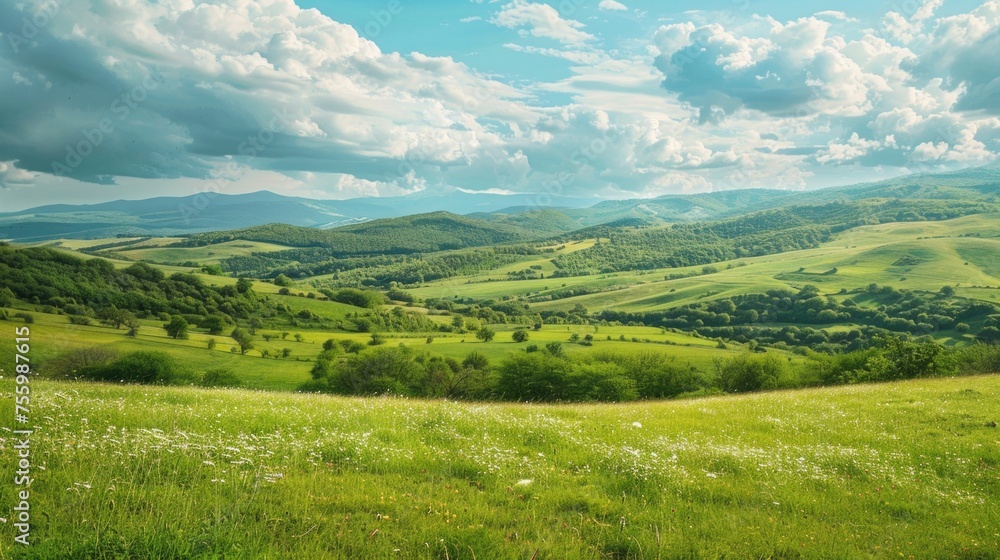 A scenic view of a lush green valley with mountains in the distance. Suitable for nature and landscape themes.