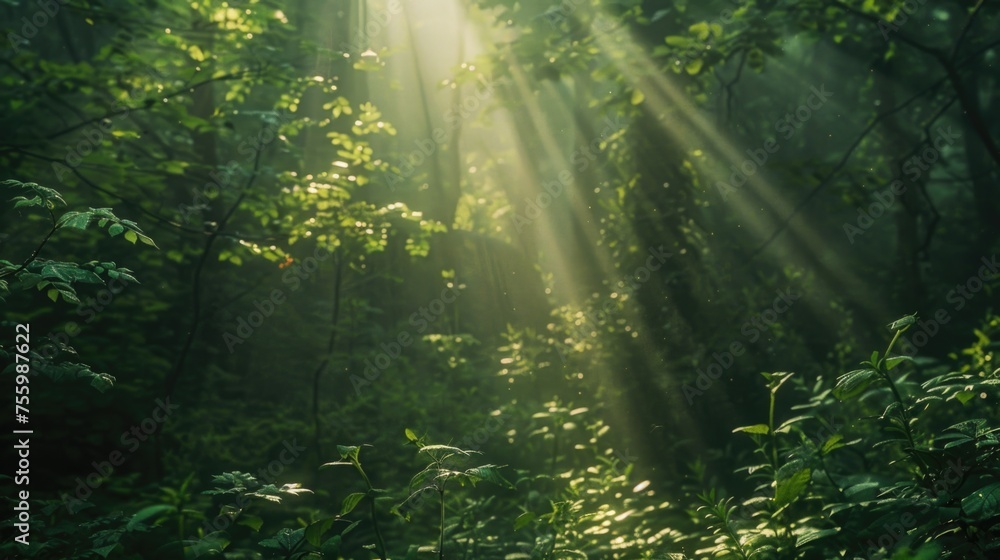 Fototapeta premium Sunlight shining through dense forest trees, ideal for nature-themed designs.