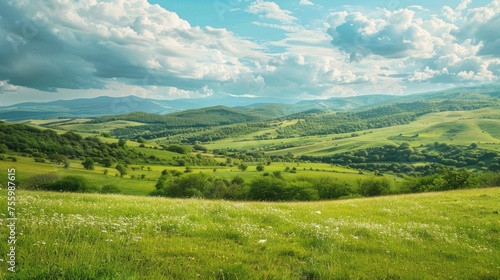 A scenic view of a lush green valley with mountains in the distance. Suitable for nature and landscape themes.