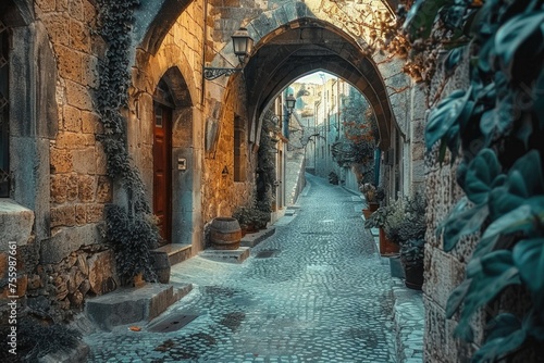 A narrow cobblestone street with a unique archway. Perfect for architectural projects or historical themes. © Fotograf