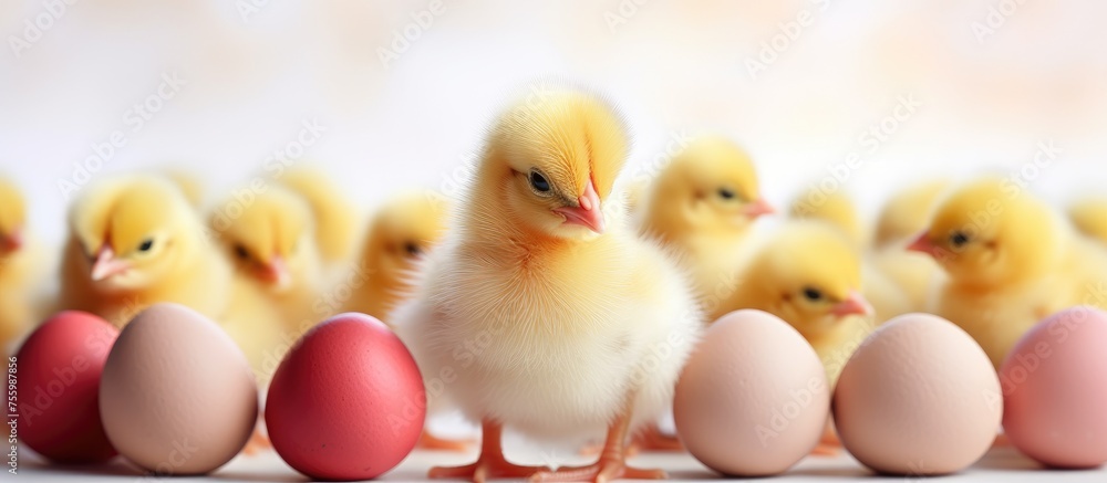 A flock of poultry, including birds from the Phasianidae family such as chickens, ducks, geese, and swans, are standing near a group of eggs
