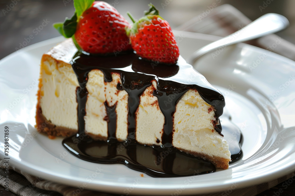 a slice of cheesecake with chocolate sauce and a strawberry on top