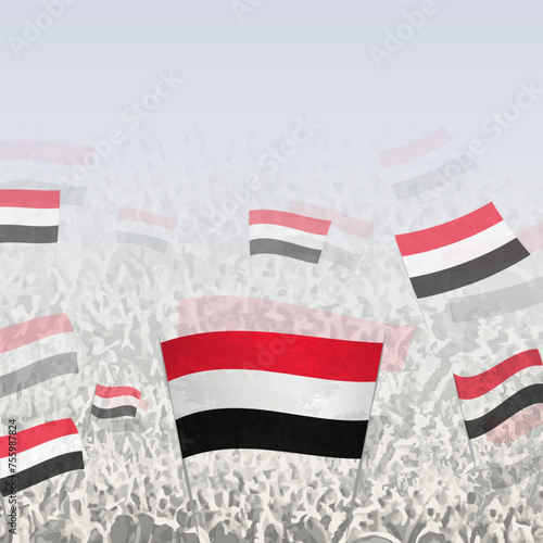 Crowd of people waving flag of Yemen square graphic for social media and news.