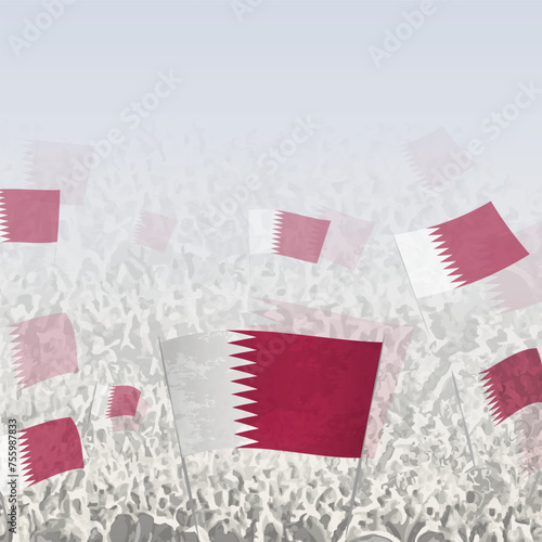 Crowd of people waving flag of Qatar square graphic for social media and news.