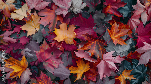 Dramatic background of maple leaves. Tree leaves in dark shades of burgundy, cherry, blue, and mottled black.