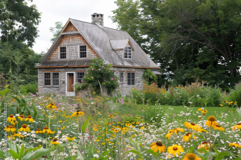 A rustic countryside farmhouse surrounded by blooming wildflowers