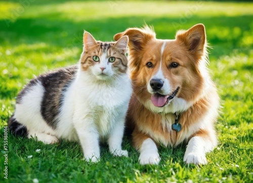 Cute dog and cat lying together on a green grass 