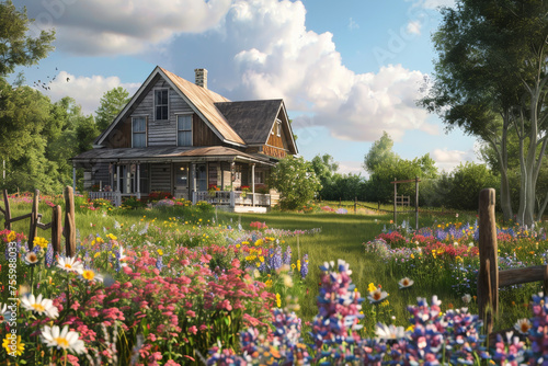 A rustic countryside farmhouse surrounded by blooming wildflowers.