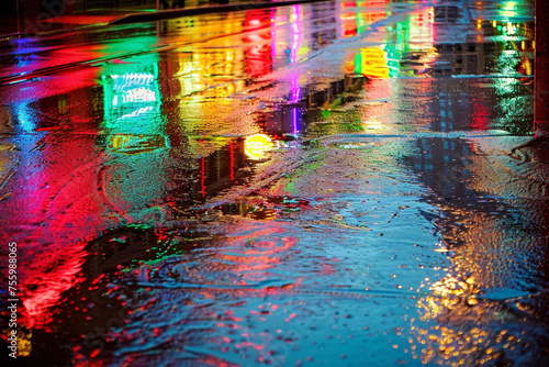 A rain-soaked city street, neon signs casting colorful reflections on the pavement