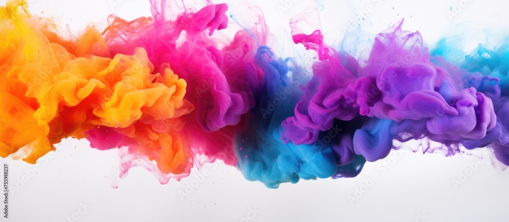 Plant organism releasing colorful smoke in shades of purple, violet, pink, magenta, and electric blue. A visually striking art display against a white background