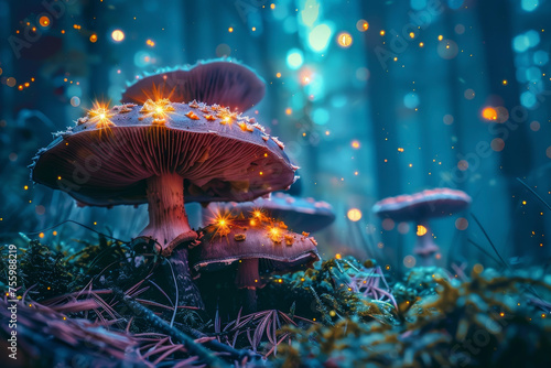 A mystical forest with towering mushrooms and glowing fireflies