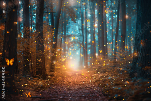 A mystical forest with fireflies illuminating the night.