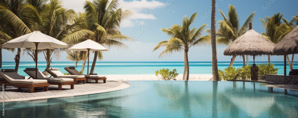 Fototapeta premium Luxury hotel with swimming pool. Best for summer holiday location. Sea or ocean in backgorund. Palms, loungers, umbrellas for perfect comfort