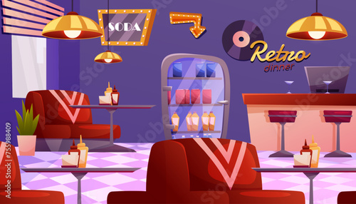 American Retro restaurant, diner interior with bar counter. Fast food retro cafe. Panoramic view of eatery. Empty restaurant with vintage decor.