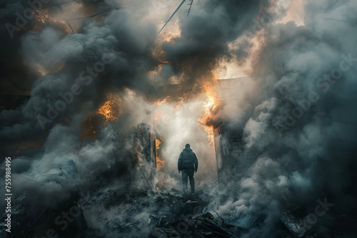 A man trapped in a burning building, looking for a way out, with smoke and flames everywhere photo