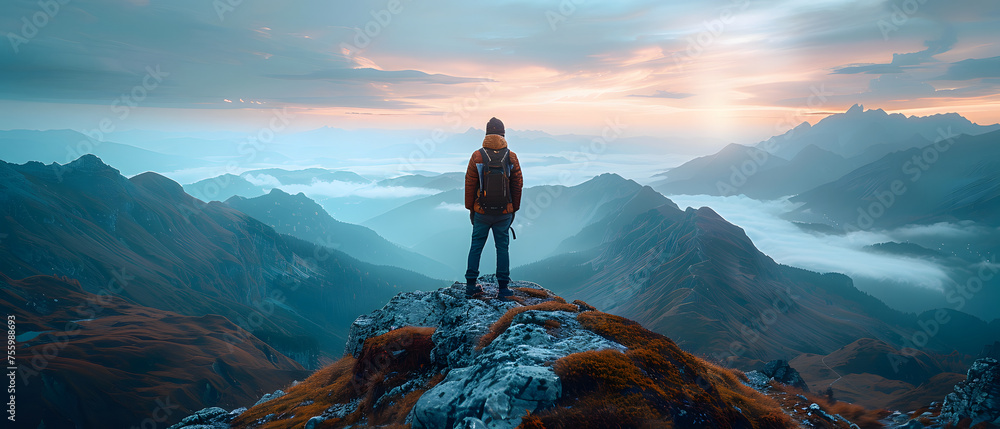 A man standing on a mountain, symbolizing goals and achievements. A male backpacker gazes into a valley surrounded by mountains, with clouds covering the mountain tops. - obrazy, fototapety, plakaty 