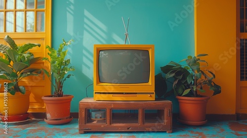 Old vintage retro yellow orange TV on mint blue background on top of a wood table. photo