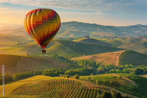 A hot air balloon floating above rolling hills and vineyards